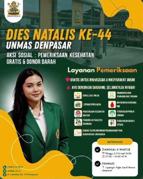 Dalam rangka Dies Natalis ke 44 Universitas Mahasaraswati Denpasar Menyelenggarakan Aksi Sosial Pemeriksaan Kesehatan Gratis dan Donor Darah di Lapangan Bajra Sandi Denpasar