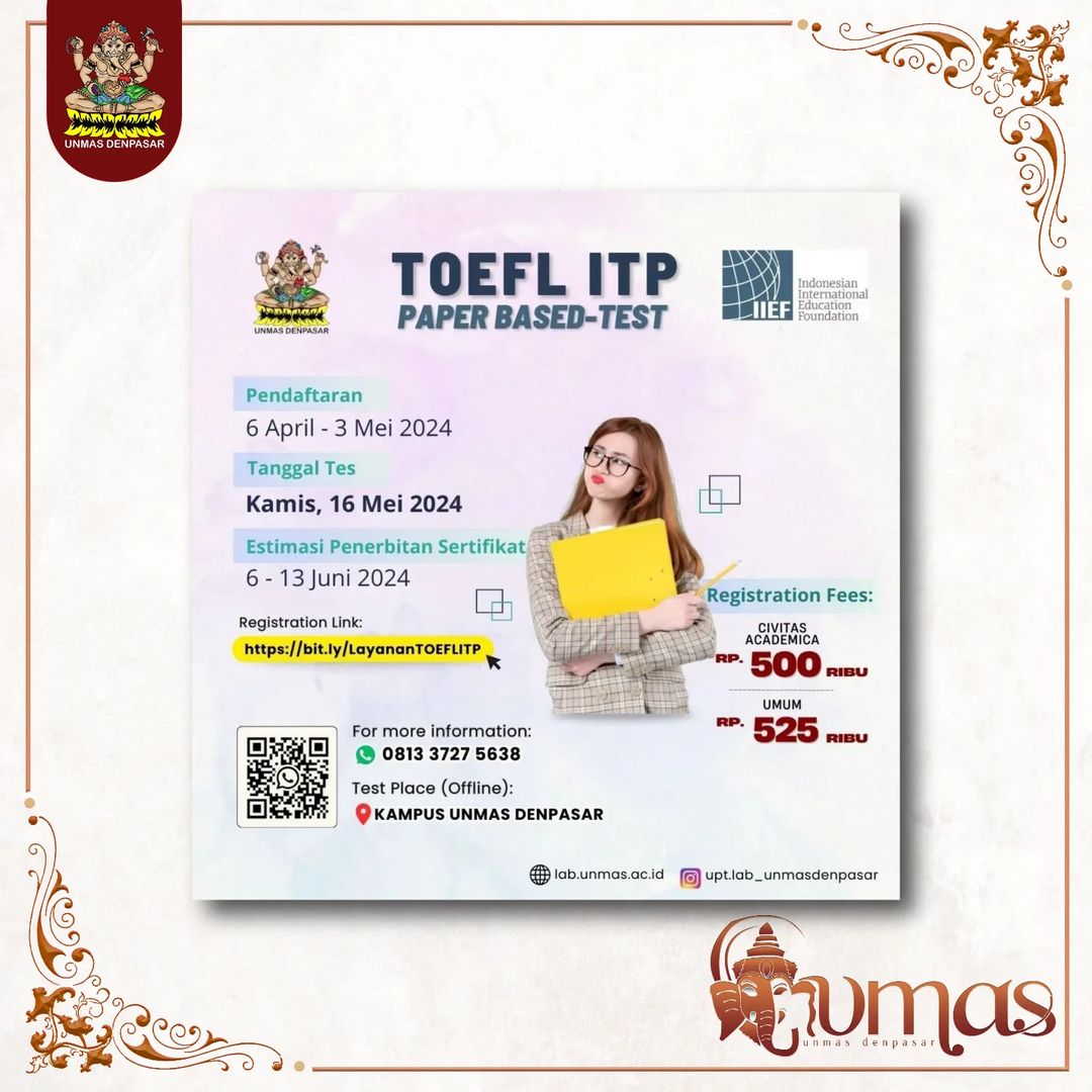 DIBUKA KEMBALI Pendaftaran Test Toefl ITP Universitas Mahasaraswati Denpasar