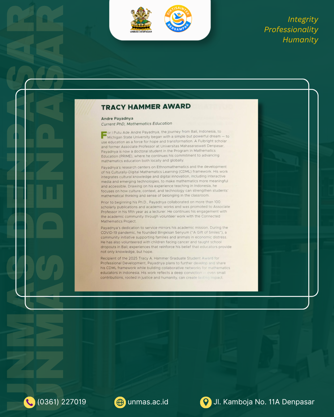 dosen-fkip-unmas-denpasar-raih-penghargaan-internasional-tracy-hammer-graduate-student-awards