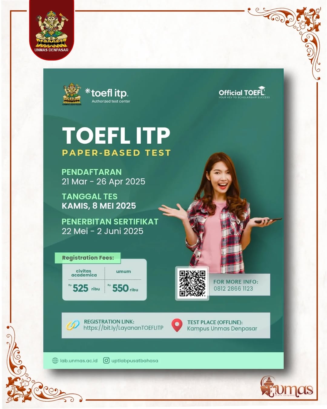 Jangan sampai ketinggalan!!! Pendaftaran TOEFL ITP periode 8 Mei telah dibuka.