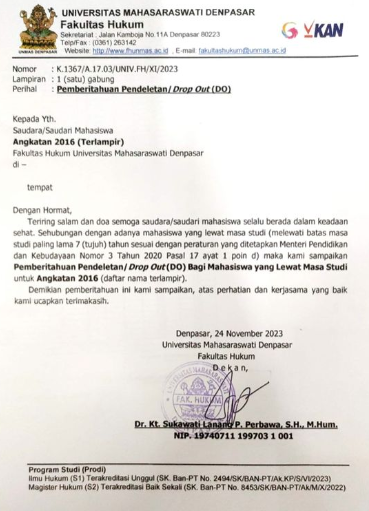 Pemberitahuan Pendeletan utk mahasiswa yg telah lewat masa studi angkatan 2016 Fakultas Hukum Univerisitas Mahasaraswati Denpasar