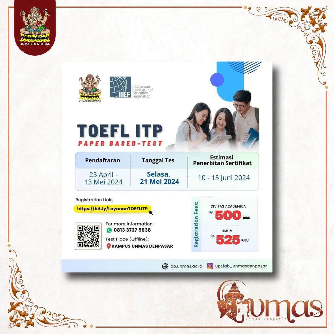 Pendaftaran Test Toefl ITP Unmas Denpasar Periode 21 Mei 2024