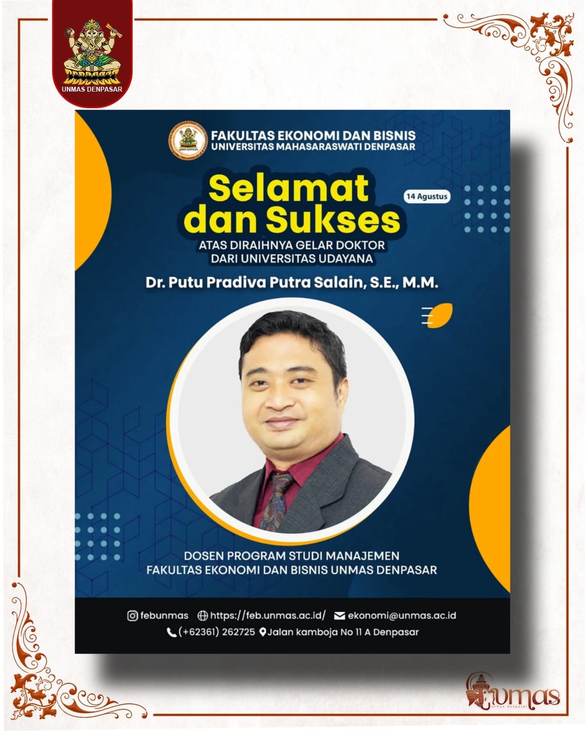 Selamat dan Sukses! Dr. Putu Pradiva Putra Salain Raih Gelar Doktor dari Universitas Udayana