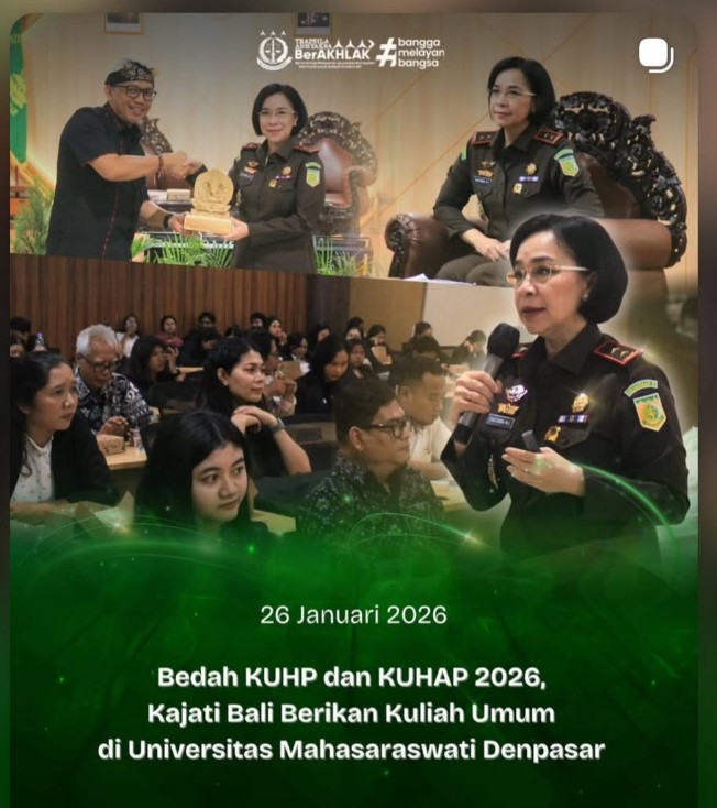 Universitas Mahasaraswati Denpasar menyelenggarakan Kuliah Umum bertema “Problematika dan Poin-Poin Krusial dalam Pelaksanaan KUHP dan KUHAP 2026” pada Senin, 26 Januari 2026